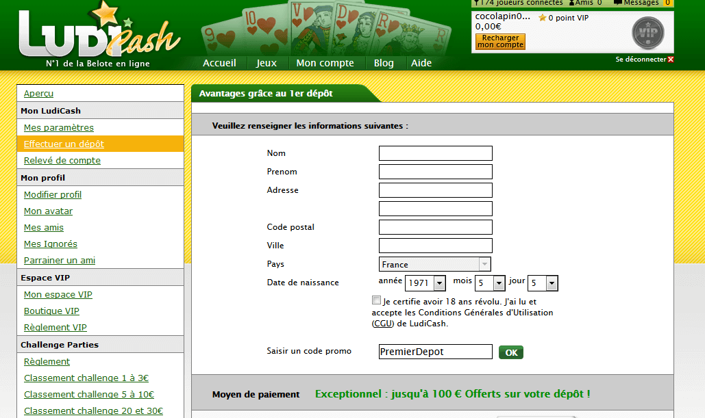 formulaire de ludicash avec code