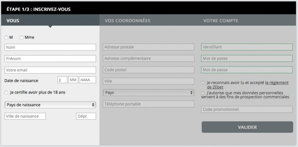 Formulaire d'inscription sur ZEbet