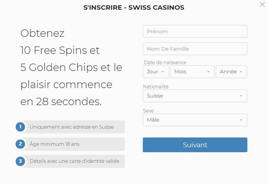 S'inscrire sur SwissCasinos