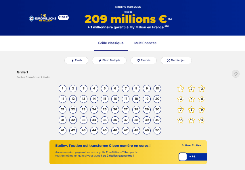 Euromillions : 209 millions d’euros à gagner le mardi 10 mars 2026